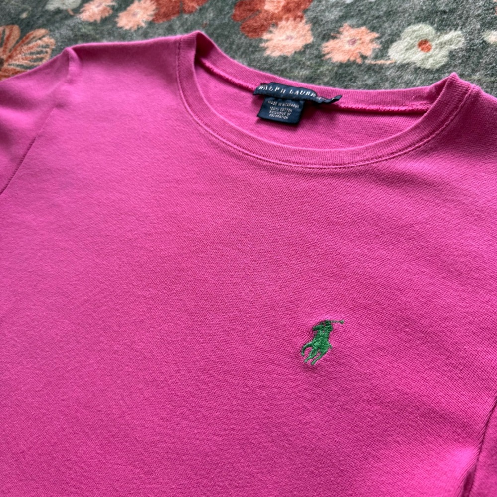 Ralph Lauren Pink Cotton Short Sleeve Crewneck T-Shirt Green Pony Logo Womens L